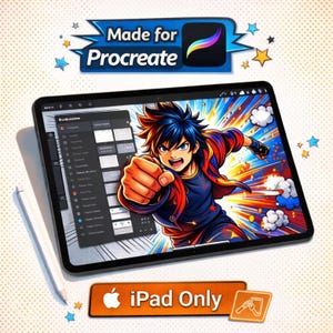 May include: A black iPad showing a colourful anime-style illustration of a character with blue hair and a red jacket. The screen displays the Procreate interface, with the text "Made for Procreate" above. A white stylus is beside the tablet, with the text "iPad Only" below.