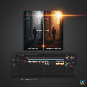 May include: Image comparison of raw and enhanced footage, with a person walking in a forest. The bottom shows a video editing software interface with the text "DaVinci Resolve".