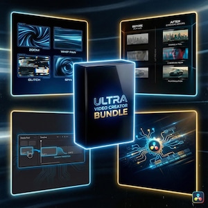 May include: A black box labeled "ULTRA VIDEO CREATOR BUNDLE" is surrounded by glowing blue and yellow graphics. The graphics showcase video editing effects like zoom, whip pan, glitch, and spin, along with cinematic color grades. The image suggests a video editing software bundle.