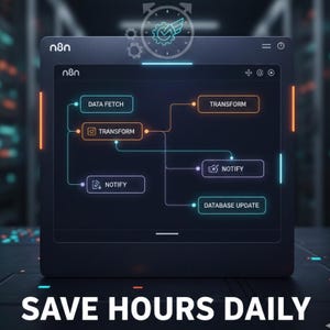 May include: Dark, futuristic interface with the text "n8n" and a workflow diagram. The diagram includes steps like "Data Fetch," "Transform," "Notify," and "Database Update." The phrase "SAVE HOURS DAILY" is displayed at the bottom.