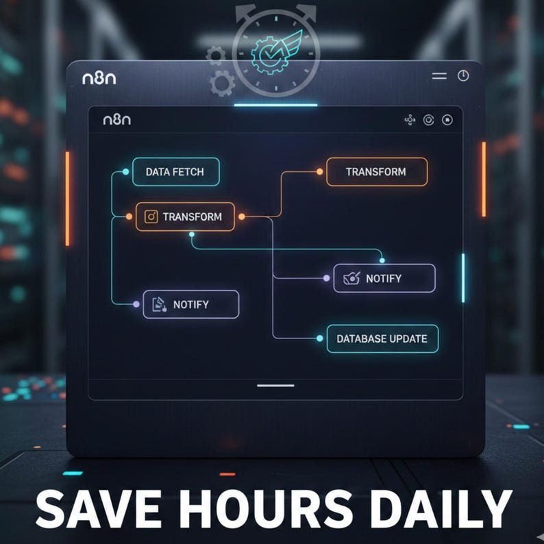 May include: Dark, futuristic interface with the text "n8n" and a workflow diagram. The diagram includes steps like "Data Fetch," "Transform," "Notify," and "Database Update." The phrase "SAVE HOURS DAILY" is displayed at the bottom.