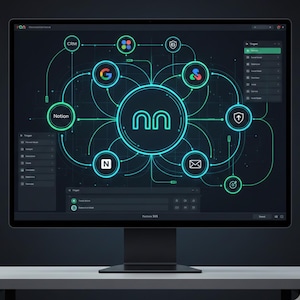 May include: A computer monitor displays a digital diagram with a central circular logo and interconnected icons. The diagram features a network of lines and nodes, with labels like "CRM," "Notion," and Google's logo. The screen is black, with a white desk in the foreground.