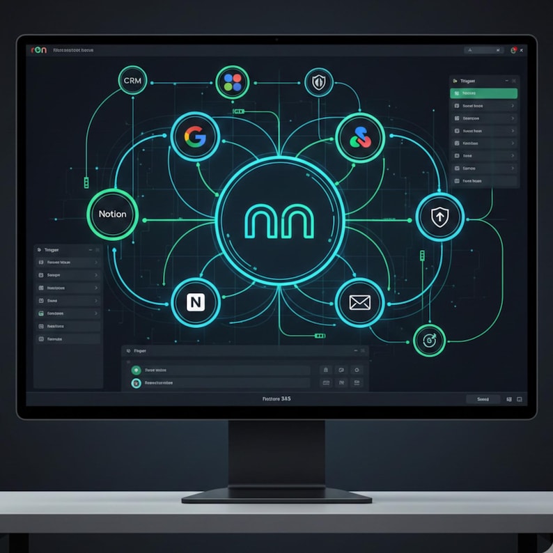 May include: A computer monitor displays a digital diagram with a central circular logo and interconnected icons. The diagram features a network of lines and nodes, with labels like "CRM," "Notion," and Google's logo. The screen is black, with a white desk in the foreground.