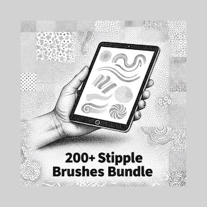 Könnte beinhalten: Ein schwarzes Tablet, das verschiedene Stippel-Pinsel-Designs zeigt, wird von einer Hand gehalten. Der Hintergrund zeigt ein Muster aus Stippeltexturen. Der Text "200+ Stipple Brushes Bundle" ist unten im Bild zu sehen.