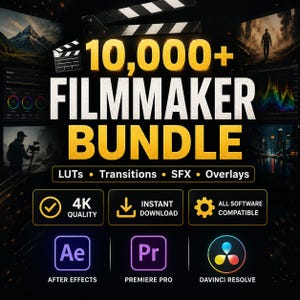 May include: A promotional image for a filmmaker bundle, featuring the text "10,000+ FILMMAKER BUNDLE" in yellow and white. The image includes icons for 4K quality, instant download, and software compatibility, along with logos for After Effects, Premiere Pro, and DaVinci Resolve.