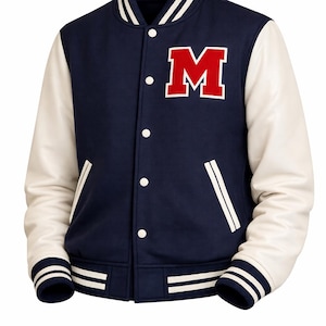 Chaqueta universitaria azul marino hecha a mano con mangas color crema, unisex, talla M