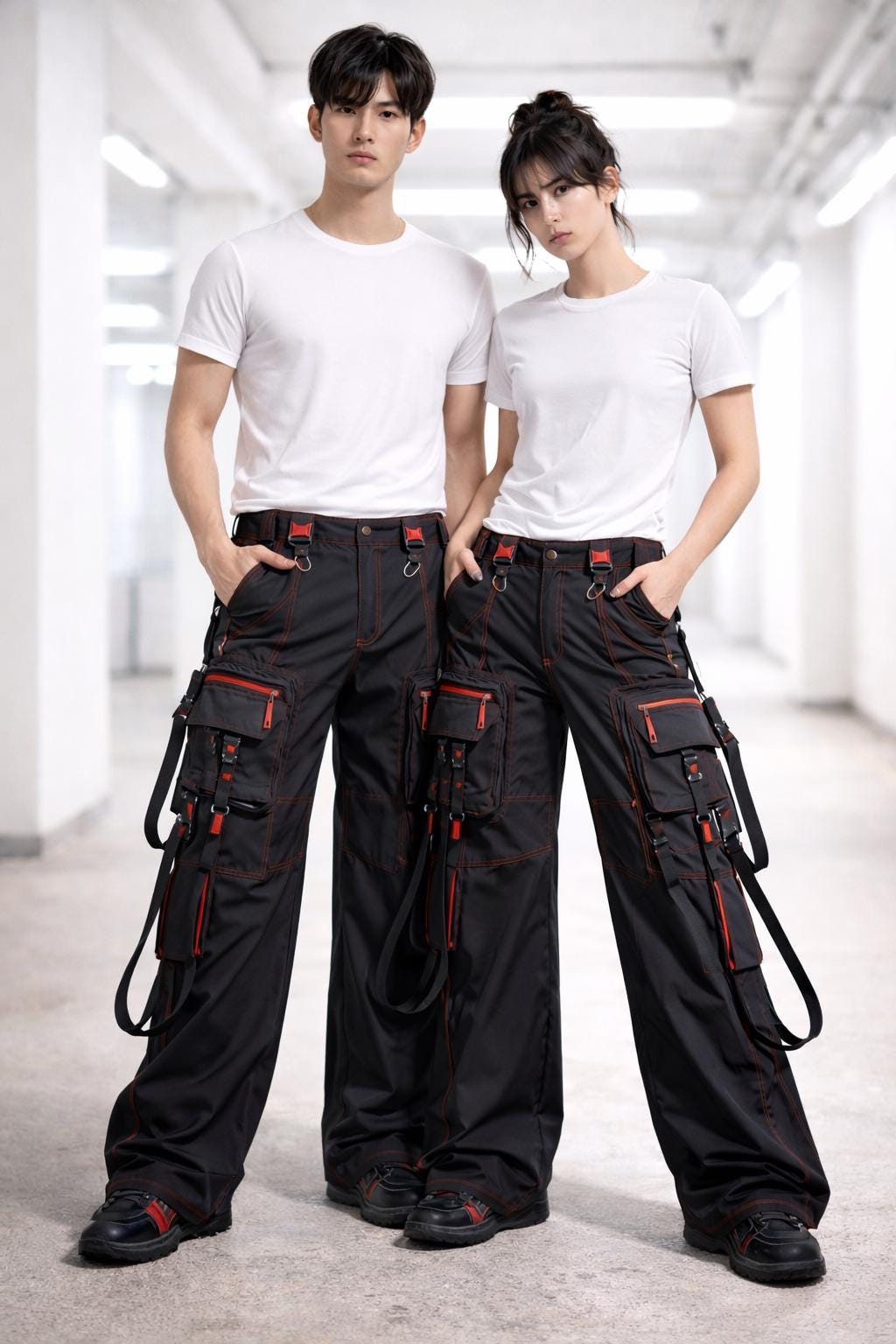 Cotton Cyberpunk Techwear Cargo Pants Black Red Utility Streetwear Unisex Wide Leg