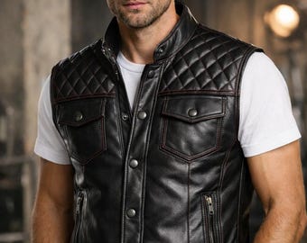 Black Quilted Leather Biker Vest for Men, Motorcycle Style Riding Waistcoat