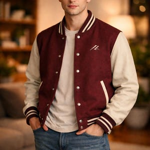 Handmade Modern Burgundy Varsity Jacket for Men with Cream Sleeves