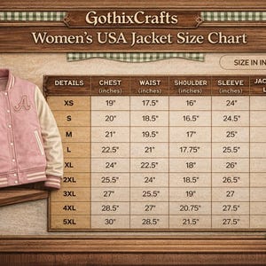 May include: Pink and cream-colored varsity jacket with the letter "A" on the chest. The image includes a size chart for women's USA jackets, detailing chest, waist, shoulder, sleeve, and jacket back length measurements in inches.