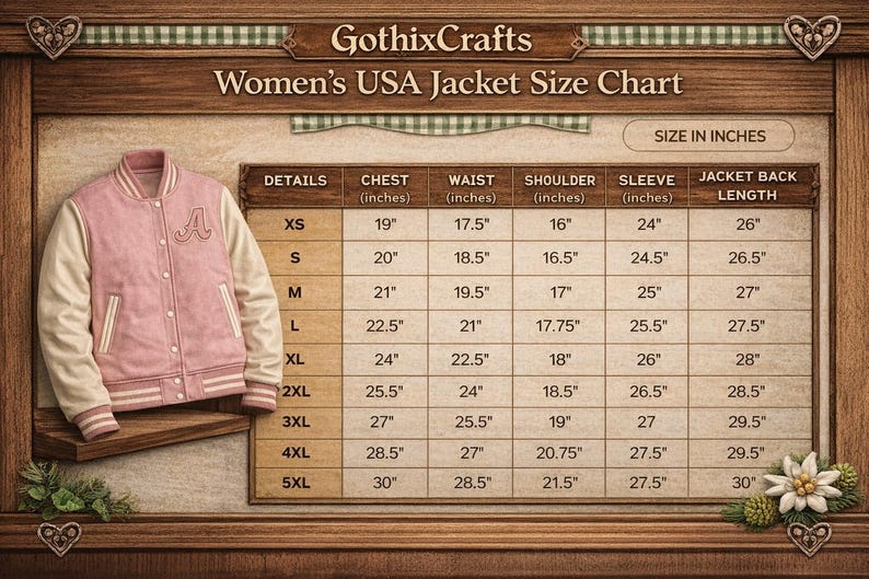 May include: Pink and cream-colored varsity jacket with the letter "A" on the chest. The image includes a size chart for women's USA jackets, detailing chest, waist, shoulder, sleeve, and jacket back length measurements in inches.