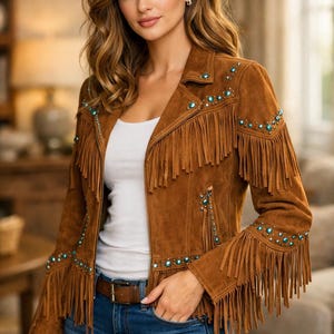 Brown Suede Fringe Jacket Women Western Turquoise Beaded Boho Cowgirl Coat image 1