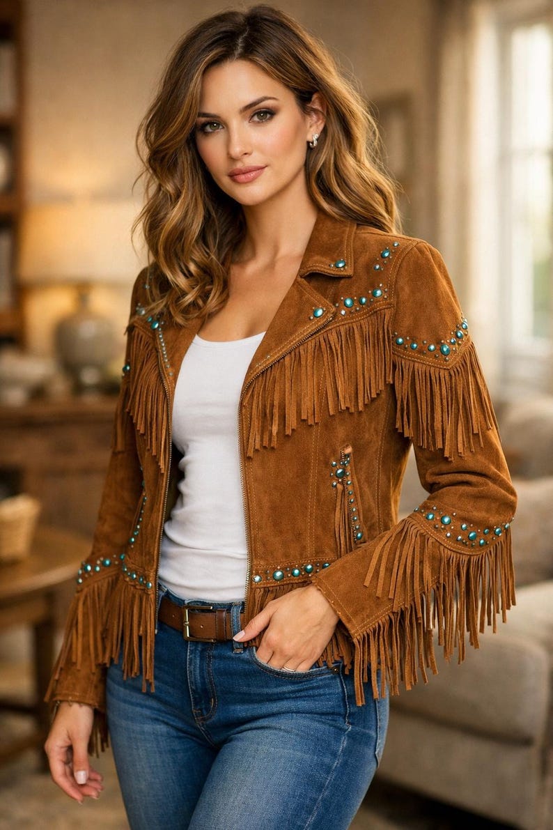 Brown Suede Fringe Jacket Women Western Turquoise Beaded Boho Cowgirl Coat image 1