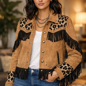 Chaqueta vaquera estilo bohemio con flecos de piel de ante estilo western para mujer, con parche de leopardo, color canela