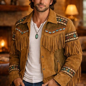 Mens Western Suede Fringe Jacket, Beaded Cowboy Style Coat, Rustic Fashion
