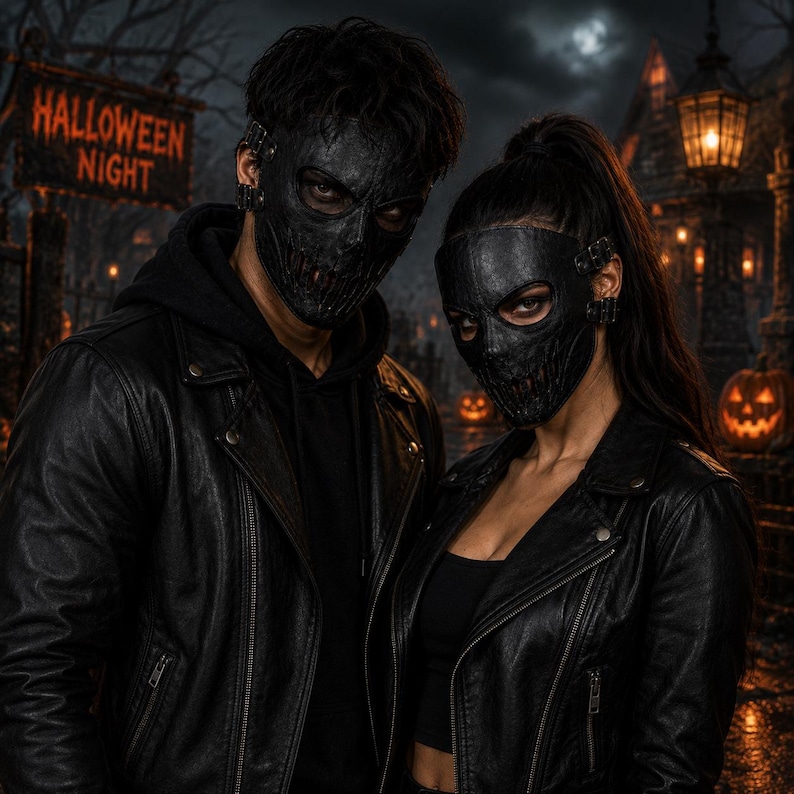 May include: Two individuals wearing black textured skull masks with side buckle straps, paired with black leather jackets. The masks feature eye cutouts and a skeletal mouth design. The overall aesthetic is dark and themed for Halloween night.