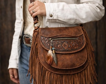 Boho Western Leather Fringe Crossbody Bag, Handmade Brown Suede Purse