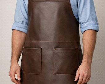 Brown Leather Work Apron for Men, Crossback Chef BBQ Carpenter Apron