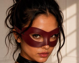 Handmade Burgundy Leather Masquerade Mask, Gothic Cosplay Eye Mask for Women