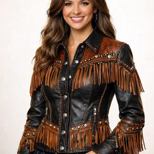 Western Fringe Leather Jacket Women Black Brown Studded Cowboy Coat