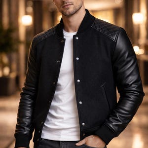 Handmade Bomber Black Varsity Jacket Men Wool Body Leather Sleeves Slim Fit