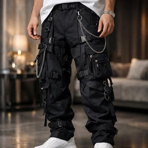 Męskie czarne bawełniane spodnie cargo w stylu gotyckim Techwear z cyberpunkowymi łańcuchami, ręcznie robione