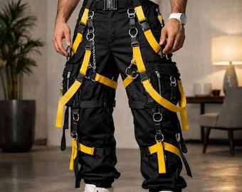Pantalones cargo góticos tecnológicos con correas de arnés negras y amarillas, pantalones Cyber Rave