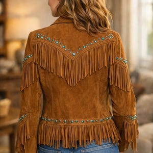 Brown Suede Fringe Jacket Women Western Turquoise Beaded Boho Cowgirl Coat image 2