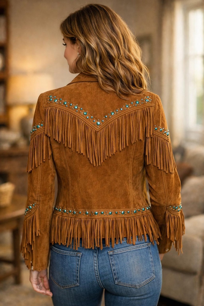 Brown Suede Fringe Jacket Women Western Turquoise Beaded Boho Cowgirl Coat image 2