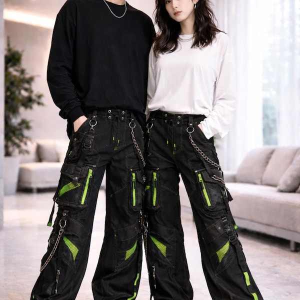 Unisex Cyberpunk Black Cargo Pants Neon Green Techwear Baggy Streetwear