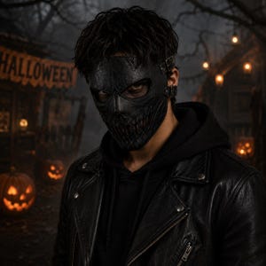 May include: A black textured face mask with eye cutouts and a jagged mouth design, secured with side buckles. The mask is worn over a black hooded sweatshirt and a black leather jacket with silver metal snaps and a zipper closure.