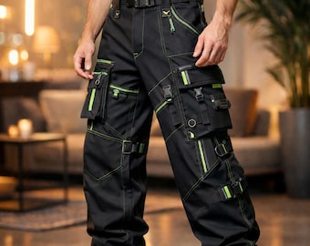Men Gothic Cyberpunk Rave Cargo Pants Neon Green Techwear Style
