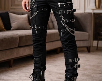 Men Handmade Black Gothic Punk Chain Pants Buckles Strap Detail