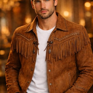 Chaqueta vaquera de cuero con flecos y ante marrón para hombre