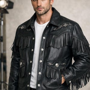 Black Leather Fringe Jacket Men Western Cowboy Native Style Embroidered Coat