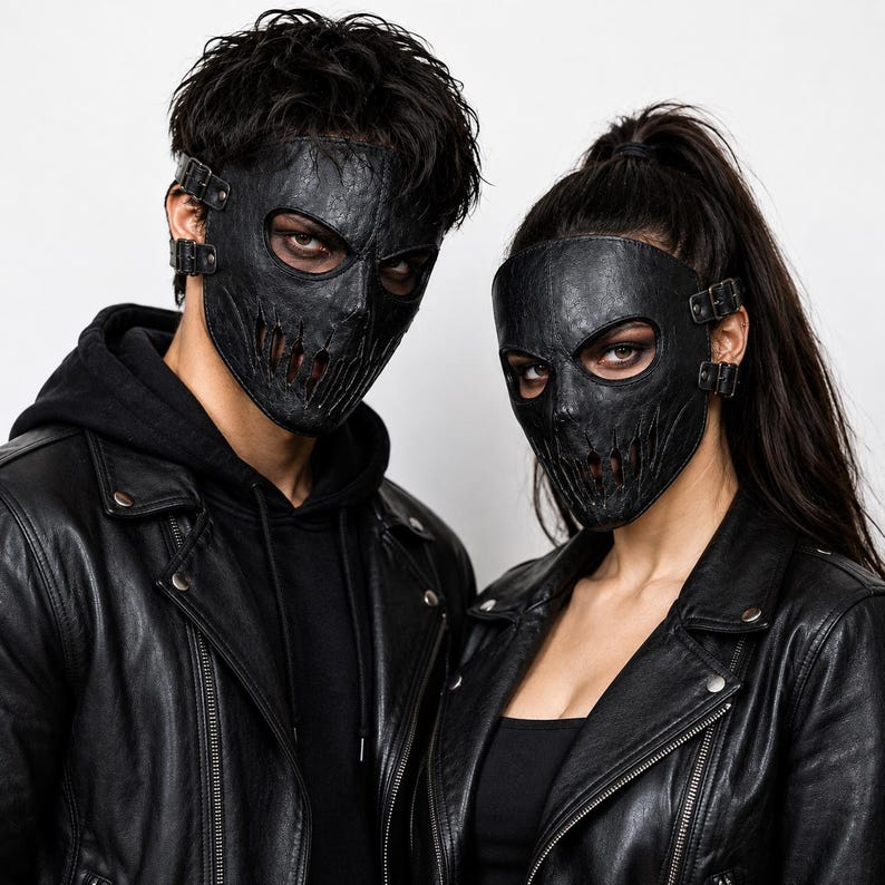 May include: Two black textured leather masks featuring eye cutouts and vertical slit detailing over the mouth area. Each mask is secured with adjustable side straps and metal buckles, covering the upper face and nose while leaving the eyes visible.
