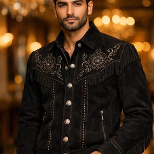 Black Suede Embroidered Jacket for Men Luxury Fringe Designer Jacket