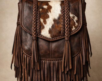 Women Boho Cowhide Leather Fringe Crossbody Bag, Western Handmade Bohemian Purse