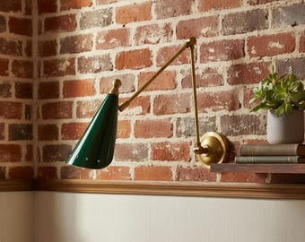 Mid Century Modern Wall Sconce Adjustable Brass Swing Arm Light, Black Metal Shade Lamp Wall Lighting Retro Bedroom & Living Room Décor Gift