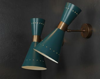 Mid Century Modern Wall Sconce Double Cone Sconce Light Teal & Brass Wall Lamp Vintage Inspired Lighting Retro Cone Shade Sconces Home Décor