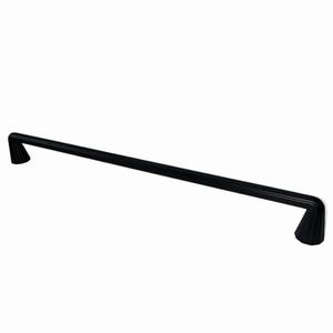 May include: A black cabinet pull with a ridged bar and angled, cone-shaped ends. The hardware is designed for use on drawers or cabinet doors. The pull is a sleek, modern design.