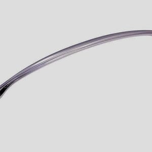 May include: A curved, silver-toned cabinet pull with a decorative design. The handle has a series of parallel grooves and rounded ends. The hardware is likely for a drawer or cabinet door.