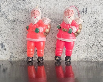 Set of Vintage Santa Claus Ornaments Blow Mold Hard Plastic with Toy Sack and Bear Hong Kong