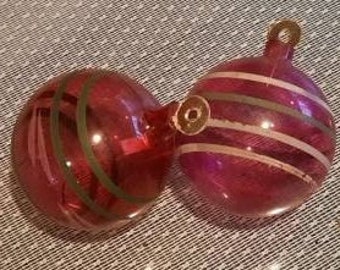 Red Unsilvered Christmas Ornaments Hand Blown with Paper Hanger Cap Striped 1940s