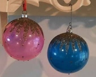 Unsilvered Vintage Christmas Ornaments Snow Capped  Silver Mica/Glitter Pink and Blue Atomic Blown Glass