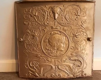 Early Vintage Fireplace Cover Ornate Gold Painted Cast Iron Antique Classy Victorian Industrial