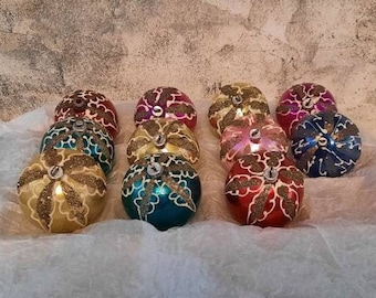 Set of 11  Germany Christmas Ornaments Colorful Blown Glass Glittered Design Vintage Collectible Gift