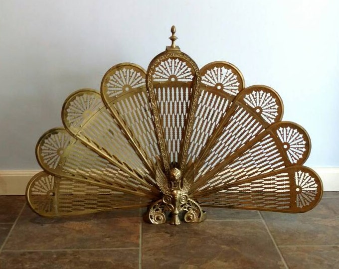 Vintage Brass Fireplace Screen Peacock Fan Style With Gargoyle Etsy