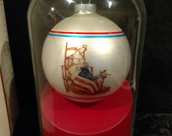 Vintage Holly Hobbie Americana Ornament with Collectors Glass Clock Dome Display by Corning 1975  Sewing American Flag