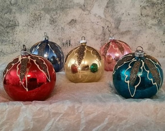 Set of 5  West Germany Christmas Ornaments  Colorful Blown Glass Glittered Design Vintage Collectible